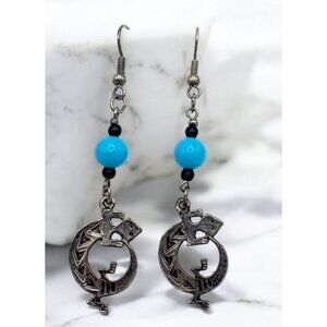 Vintage Lizard Dangle Earrings Silver Tone With Bead Accents Desert Gecko